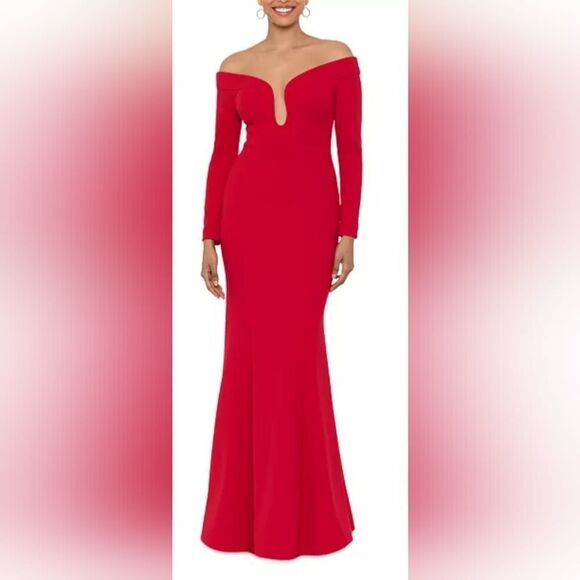 XSCAPE Illusion Long Sleeve Scuba Crepe Gown NWT size 10 Red - Picture 1 of 5